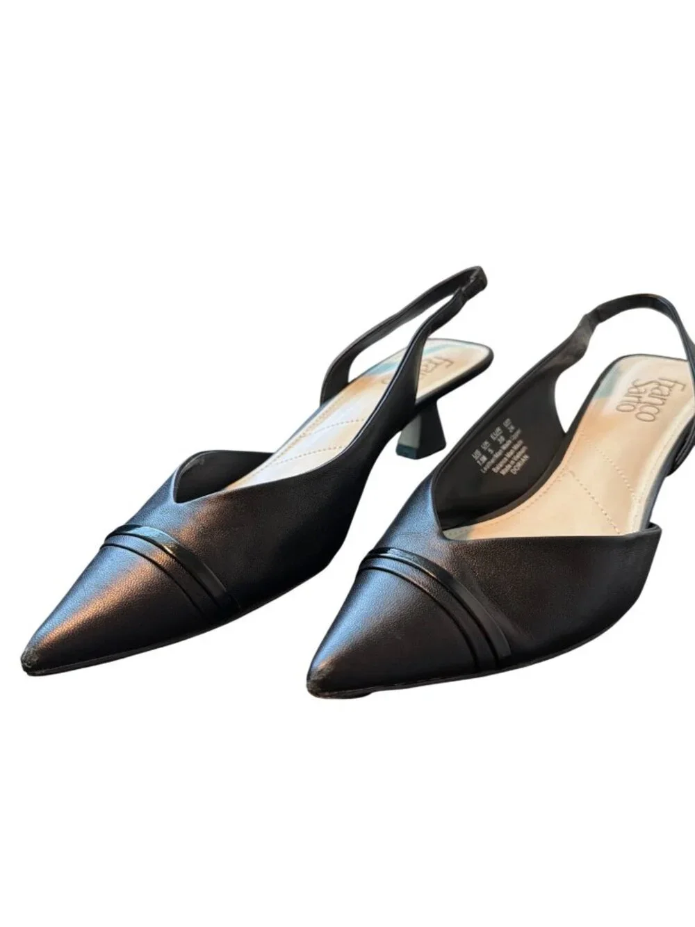 Franco Sarto Black Leather Dorian Heels Slingback Pointed Toe Kitten Heel Sz 7.5